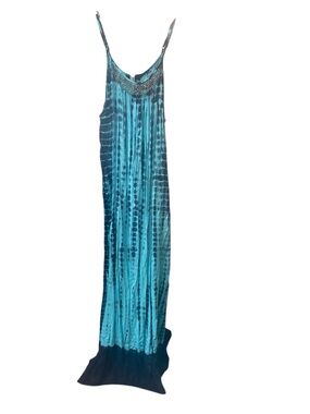 Raviya Teal and Dark Blue Tie-Dye Maxi Dress with Beaded Neckline, M